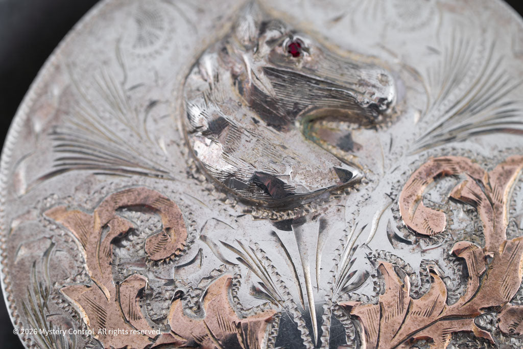 Vintage 925 Silver, Rose Gold & Garnet Horse Head Belt Buckle