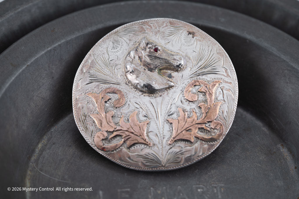 Vintage 925 Silver, Rose Gold & Garnet Horse Head Belt Buckle