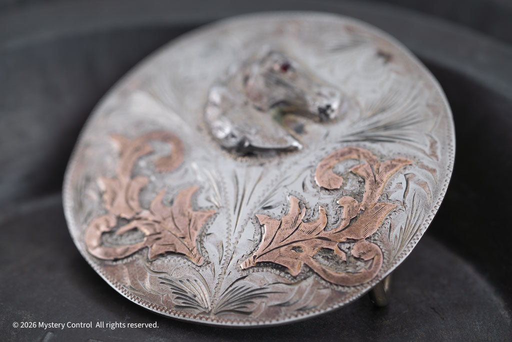 Vintage 925 Silver, Rose Gold & Garnet Horse Head Belt Buckle