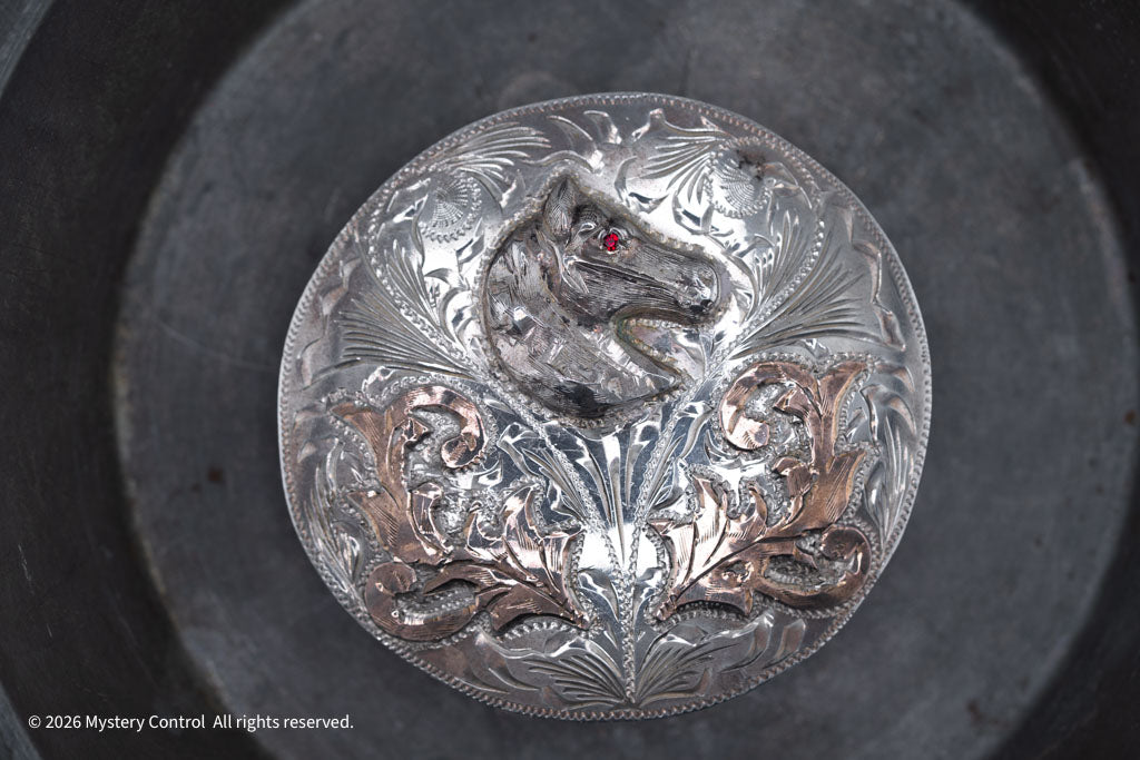 Vintage 925 Silver, Rose Gold & Garnet Horse Head Belt Buckle