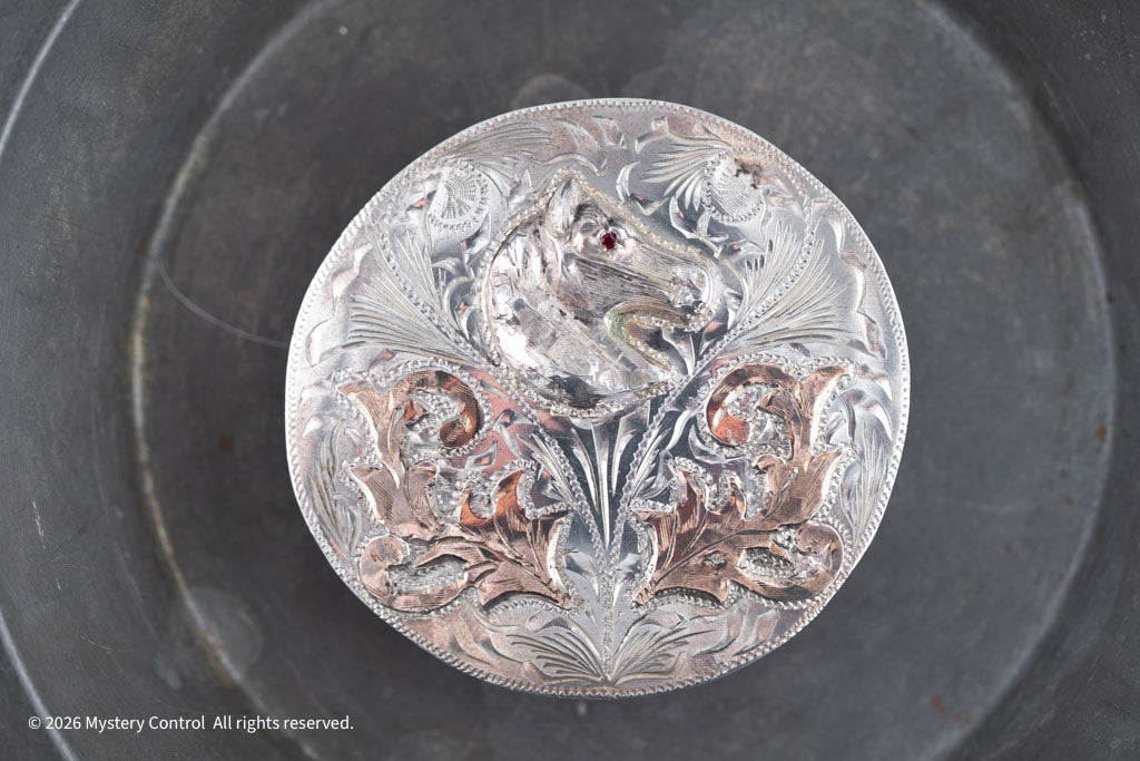 Vintage 925 Silver, Rose Gold & Garnet Horse Head Belt Buckle