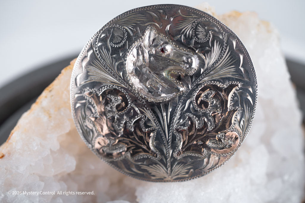 Vintage 925 Silver, Rose Gold & Garnet Horse Head Belt Buckle
