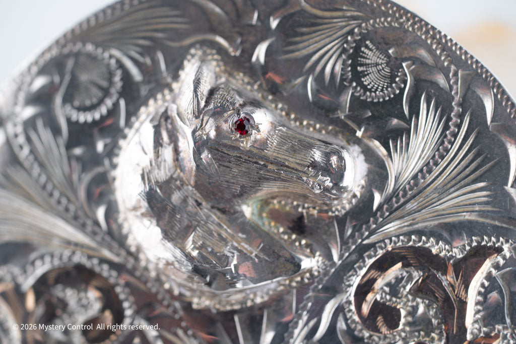 Vintage 925 Silver, Rose Gold & Garnet Horse Head Belt Buckle