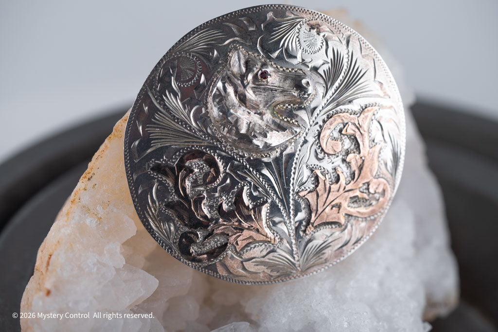 Vintage 925 Silver, Rose Gold & Garnet Horse Head Belt Buckle