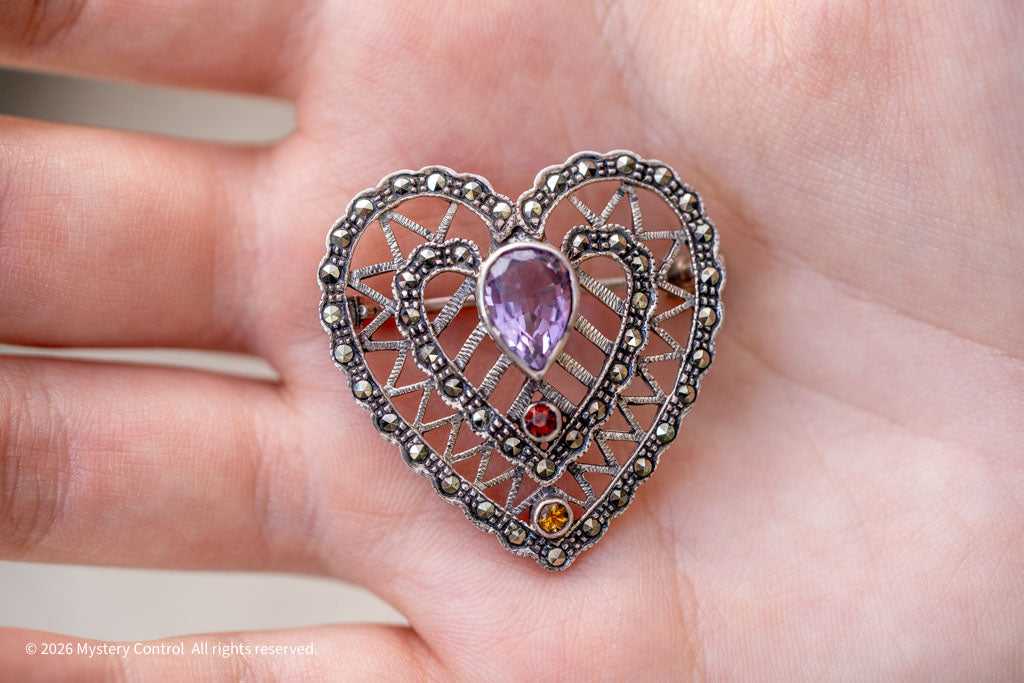 Vintage 925 Silver Double Heart Brooch