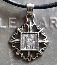 Fleur de Lis Framed Meteorite, 925 Silver & Leather Necklace
