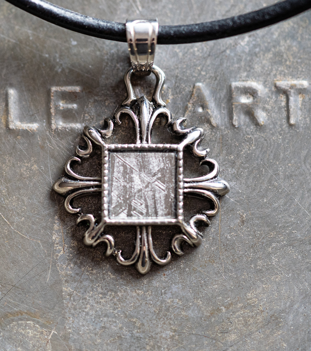 Fleur de Lis Framed Meteorite, 925 Silver & Leather Necklace