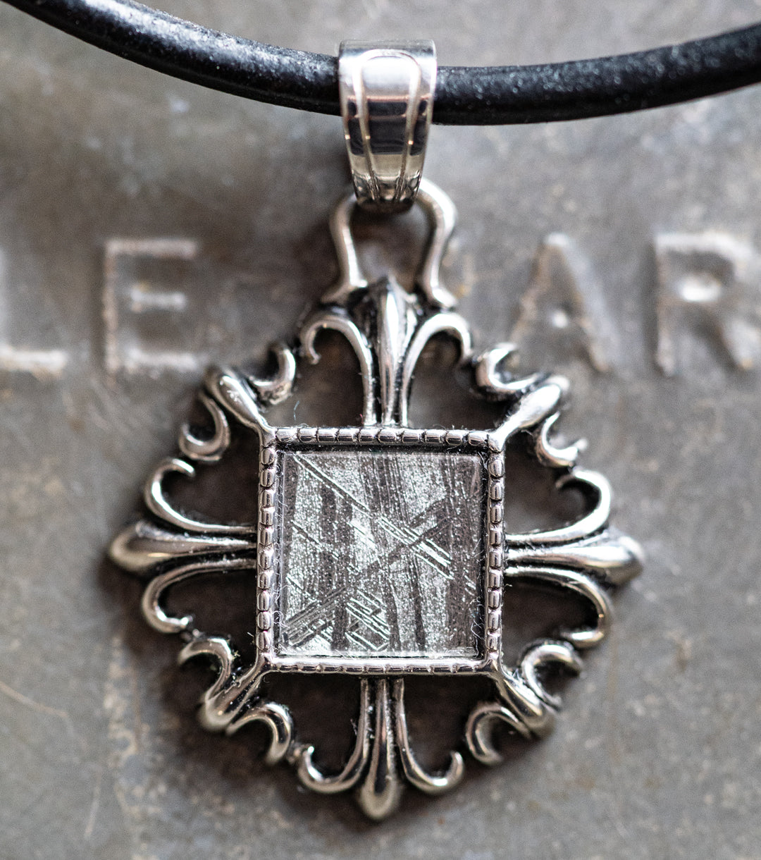 Fleur de Lis Framed Meteorite, 925 Silver & Leather Necklace