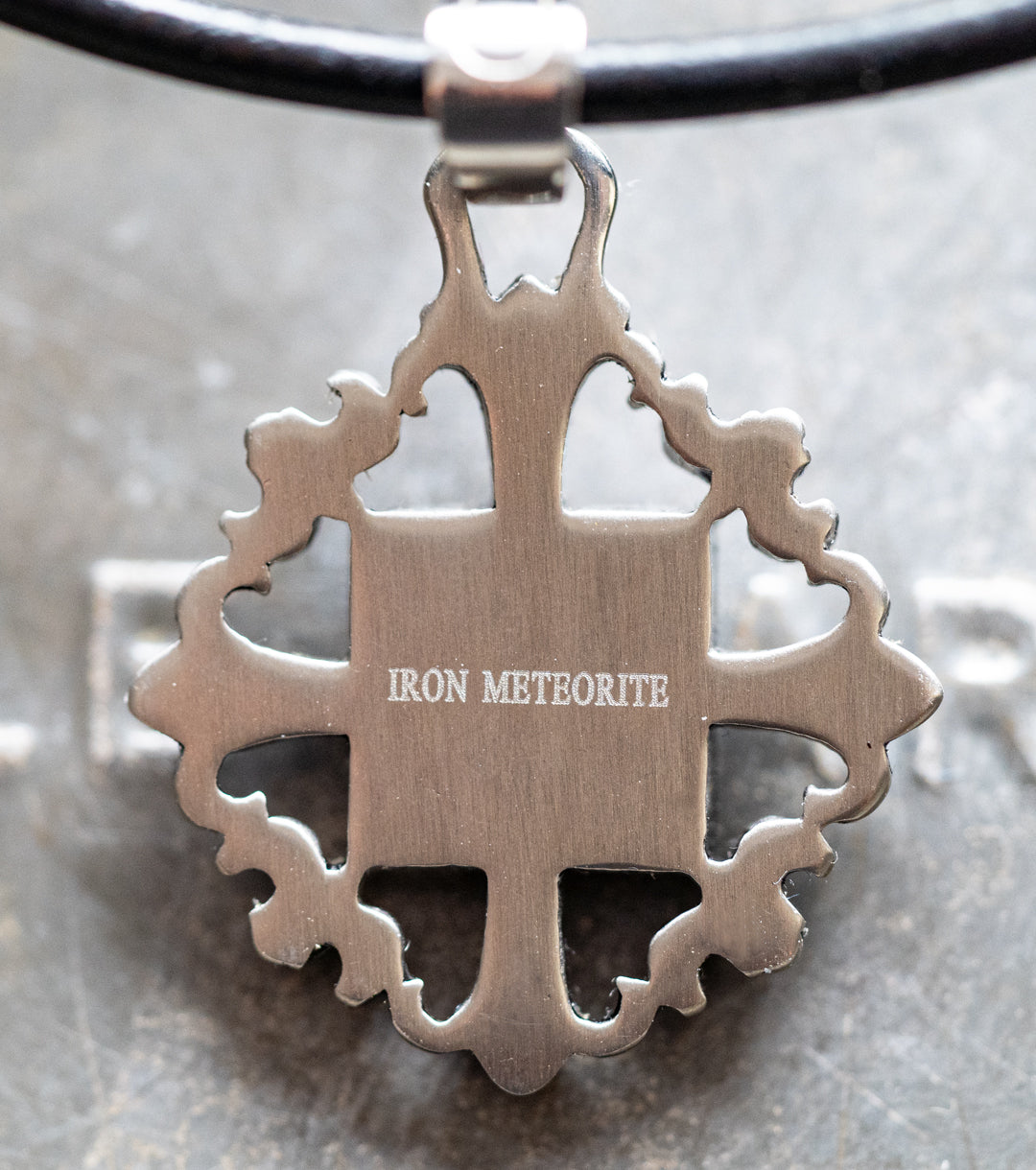 Fleur de Lis Framed Meteorite, 925 Silver & Leather Necklace