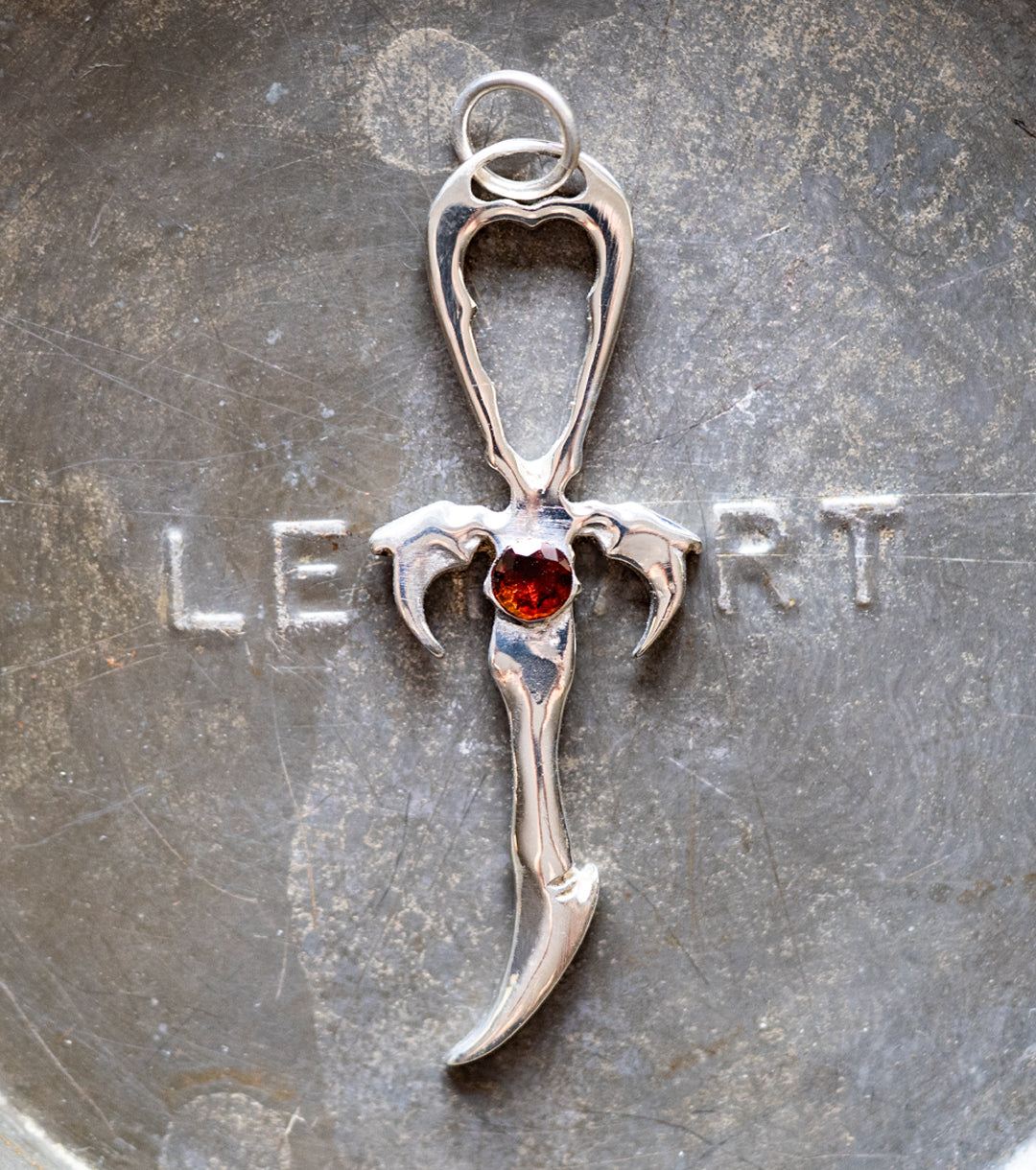 Garnet Vampire Ankh in 925 Silver Necklace