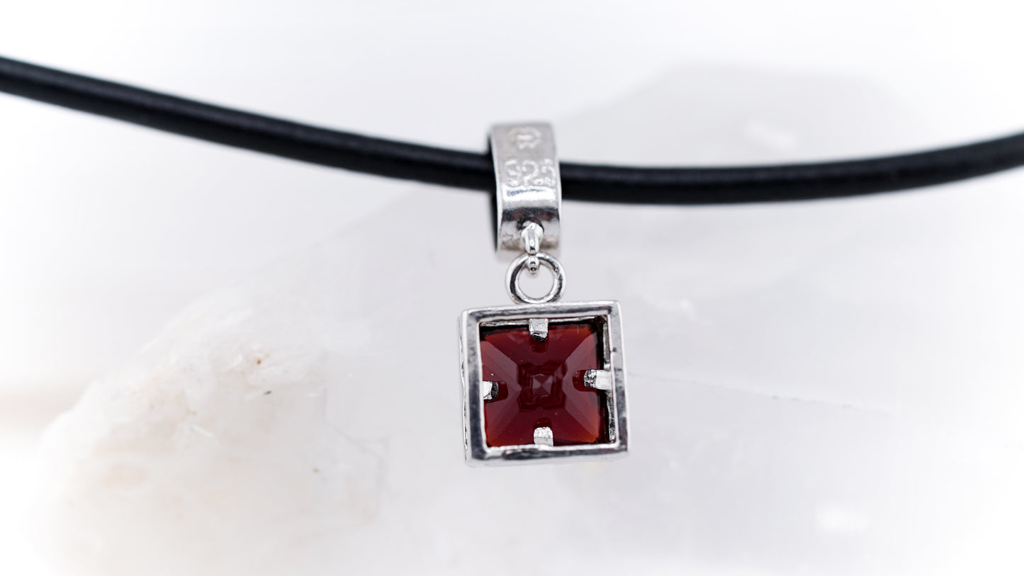 Garnet & 925 Silver Square "Dice" 80's Pendant and Black Leather Necklace