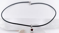 Garnet & 925 Silver Square "Dice" 80's Pendant and Black Leather Necklace