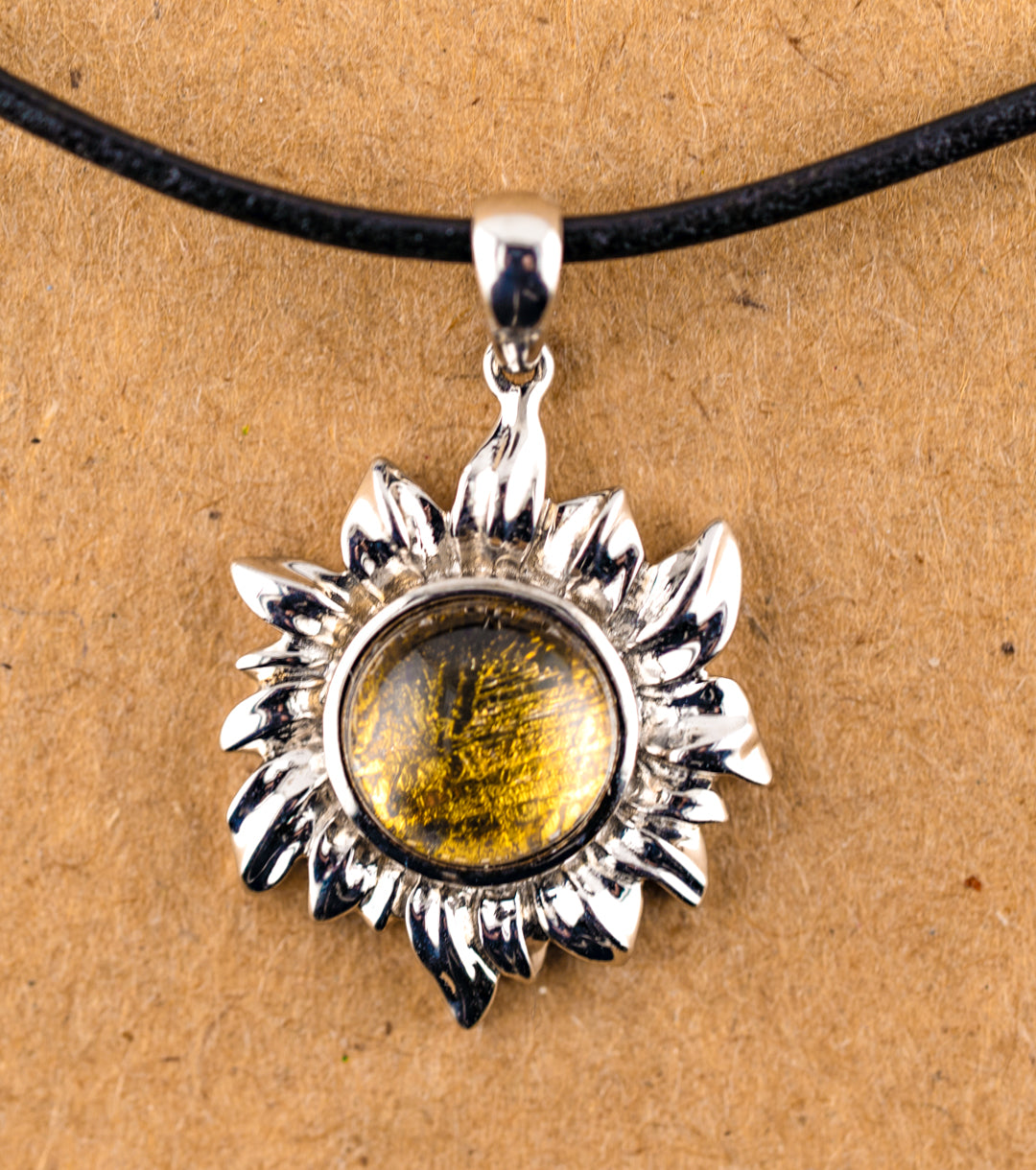 Midsommar Gold Sun Meteorite 925 Silver & Leather Necklace