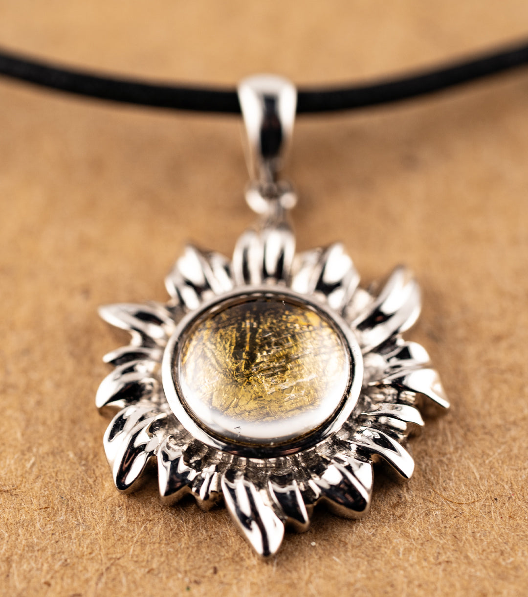 Midsommar Gold Sun Meteorite 925 Silver & Leather Necklace