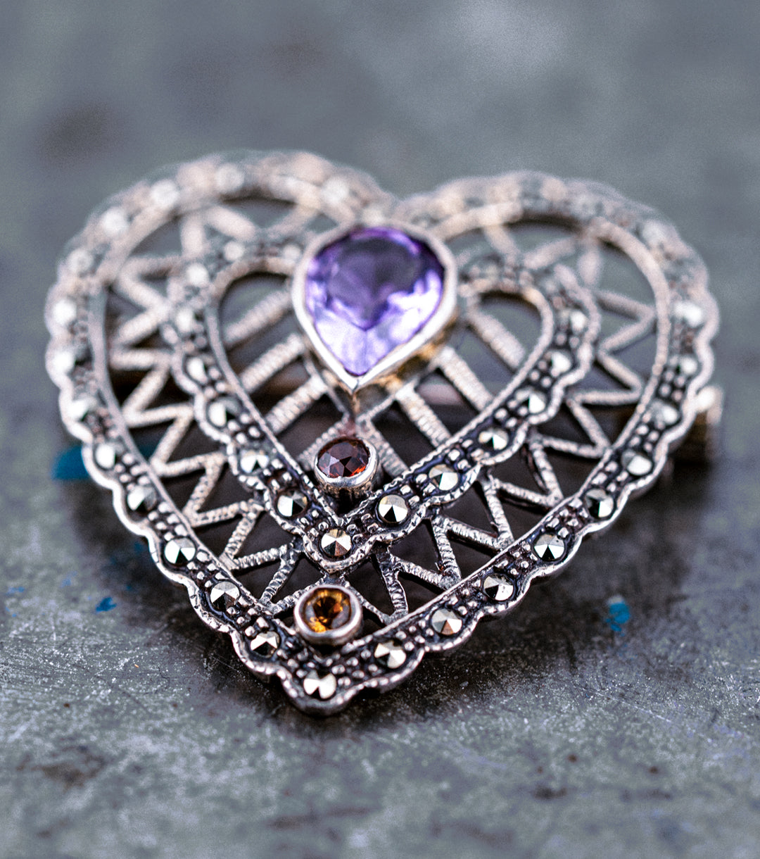 Vintage 925 Silver Multi-Gem Heart Brooch