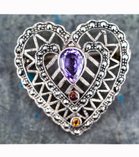Vintage 925 Silver Multi-Gem Heart Brooch