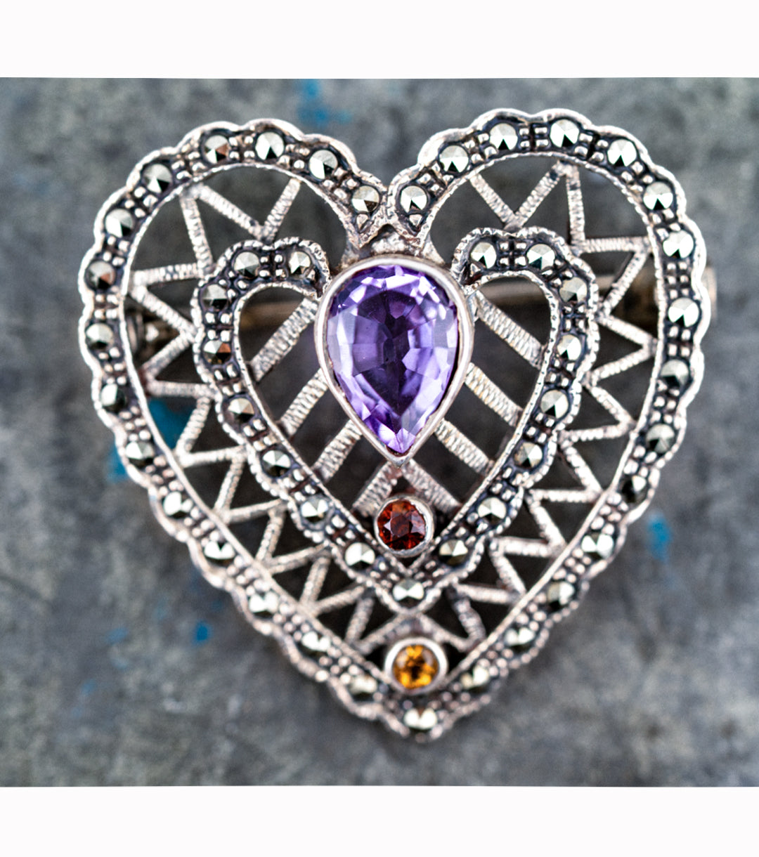 Vintage 925 Silver Multi-Gem Heart Brooch