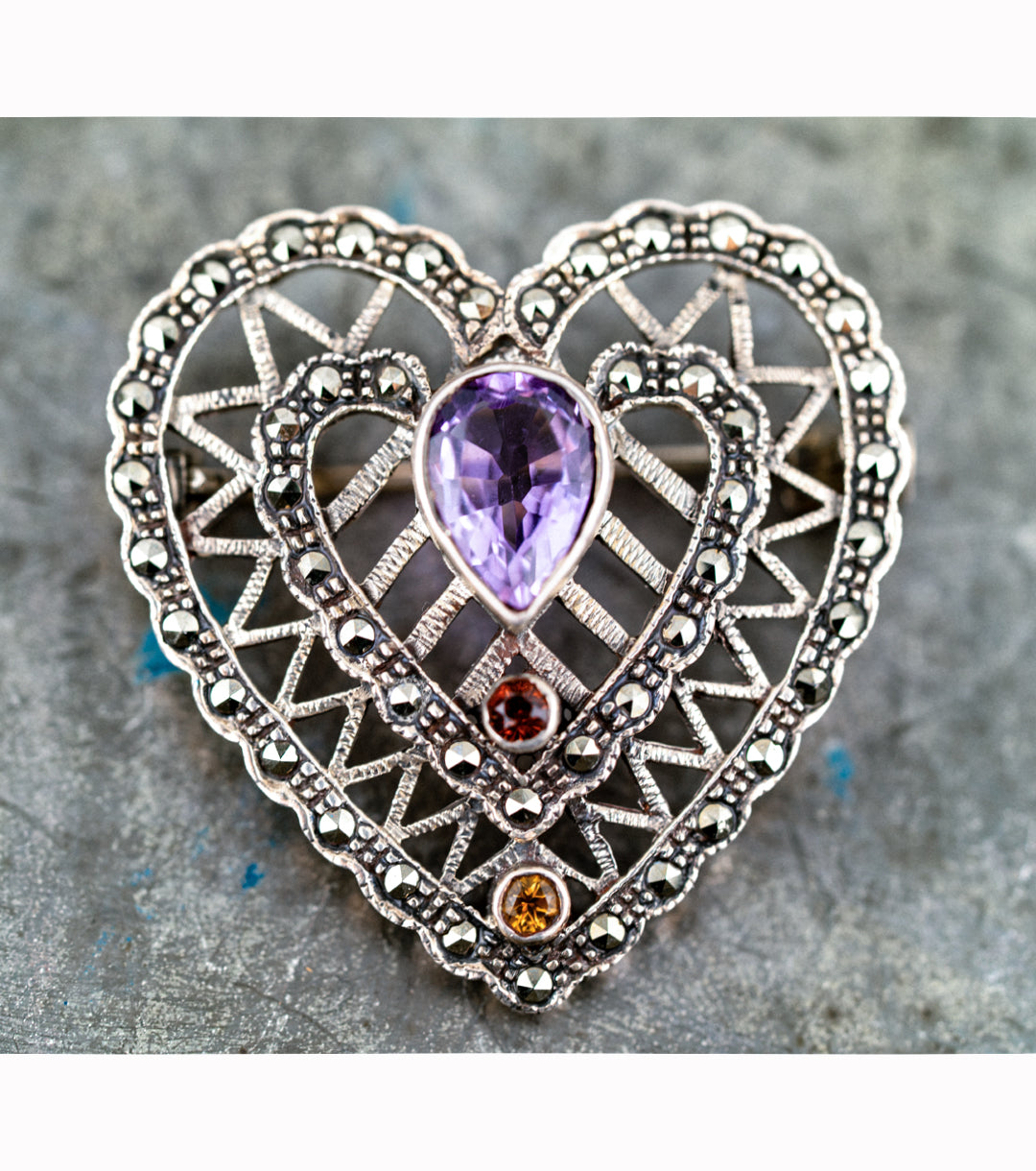 Vintage 925 Silver Multi-Gem Heart Brooch