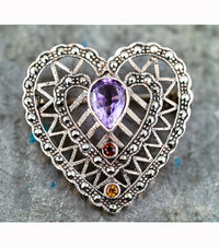 Vintage 925 Silver Multi-Gem Heart Brooch