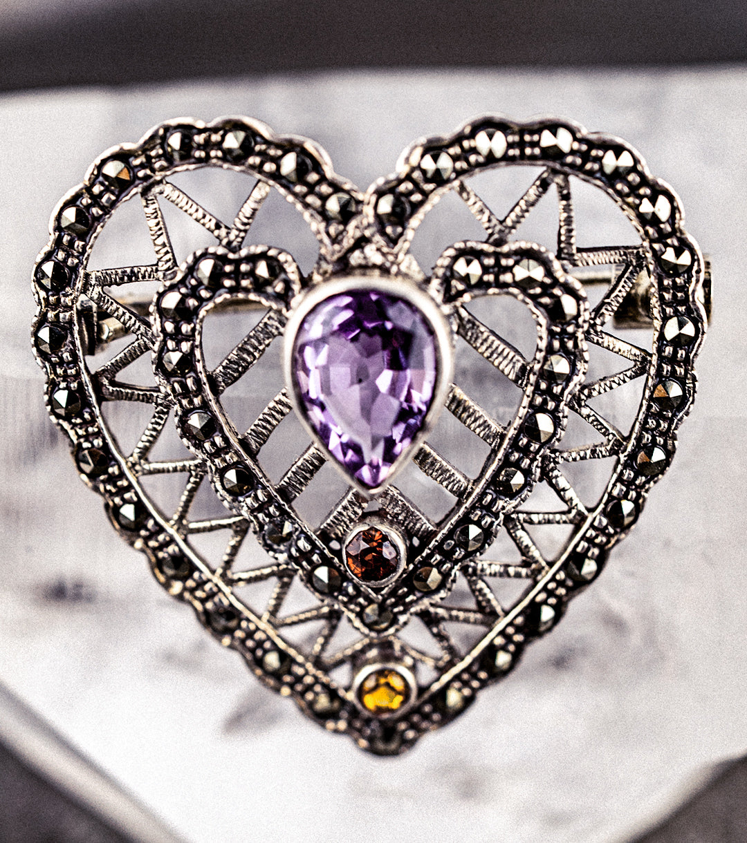 Vintage 925 Silver Multi-Gem Heart Brooch