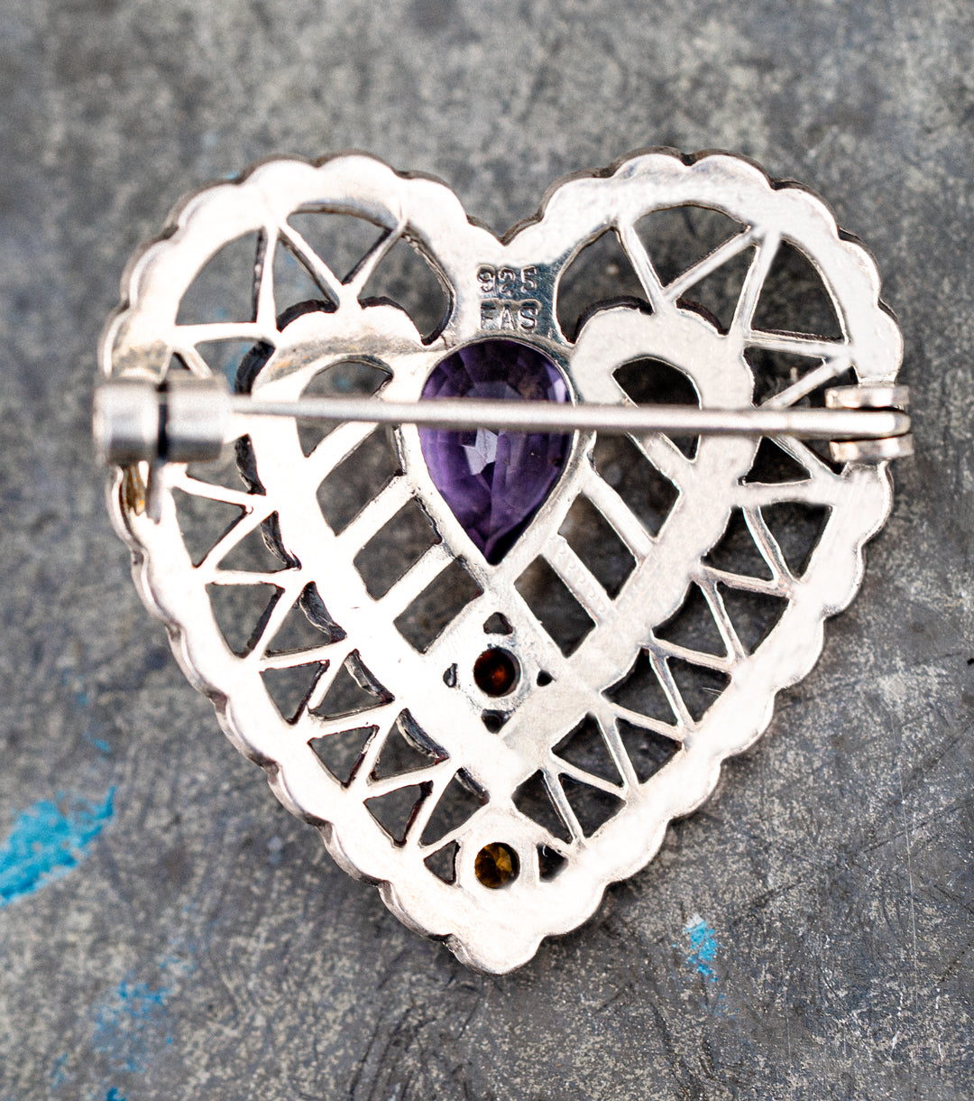 Vintage 925 Silver Multi-Gem Heart Brooch
