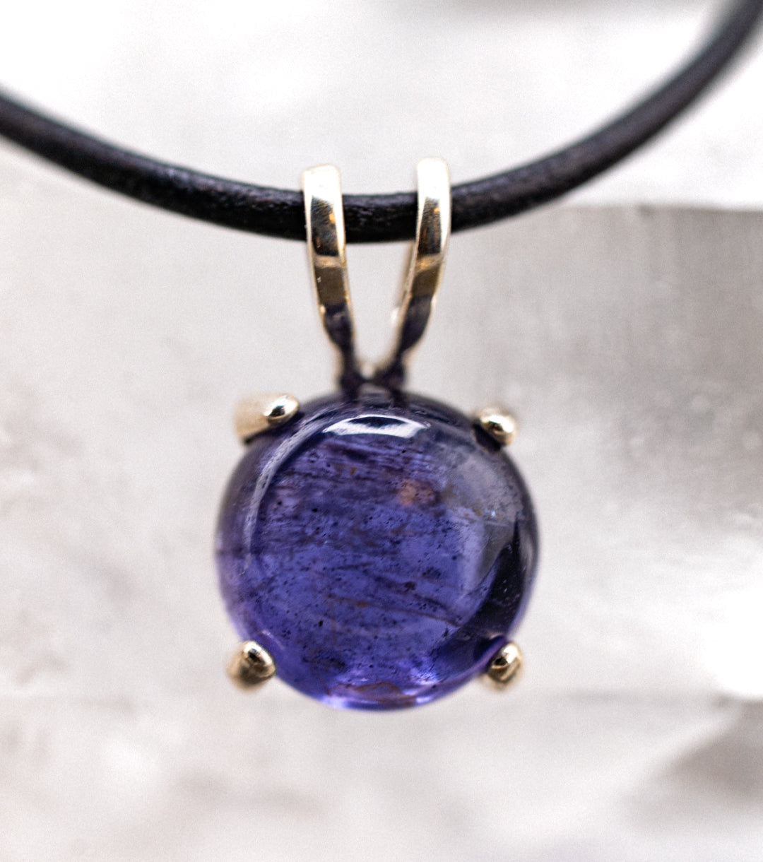 Iolite "Viking's Compass" Charm Necklace in Black Leather & 925 Silver