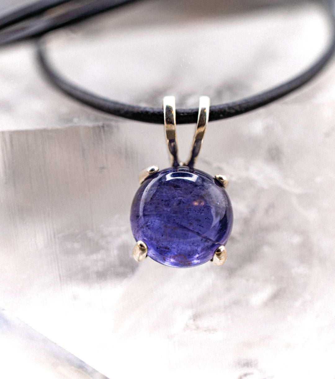 Iolite "Viking's Compass" Charm Necklace in Black Leather & 925 Silver