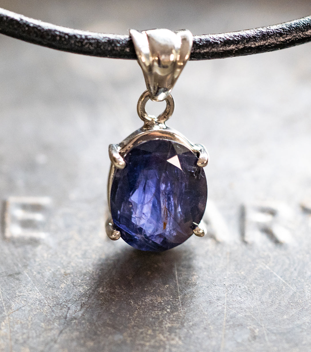 Iolite "Hidden Face Viking's Compass" Necklace in Black Leather & 925 Silver