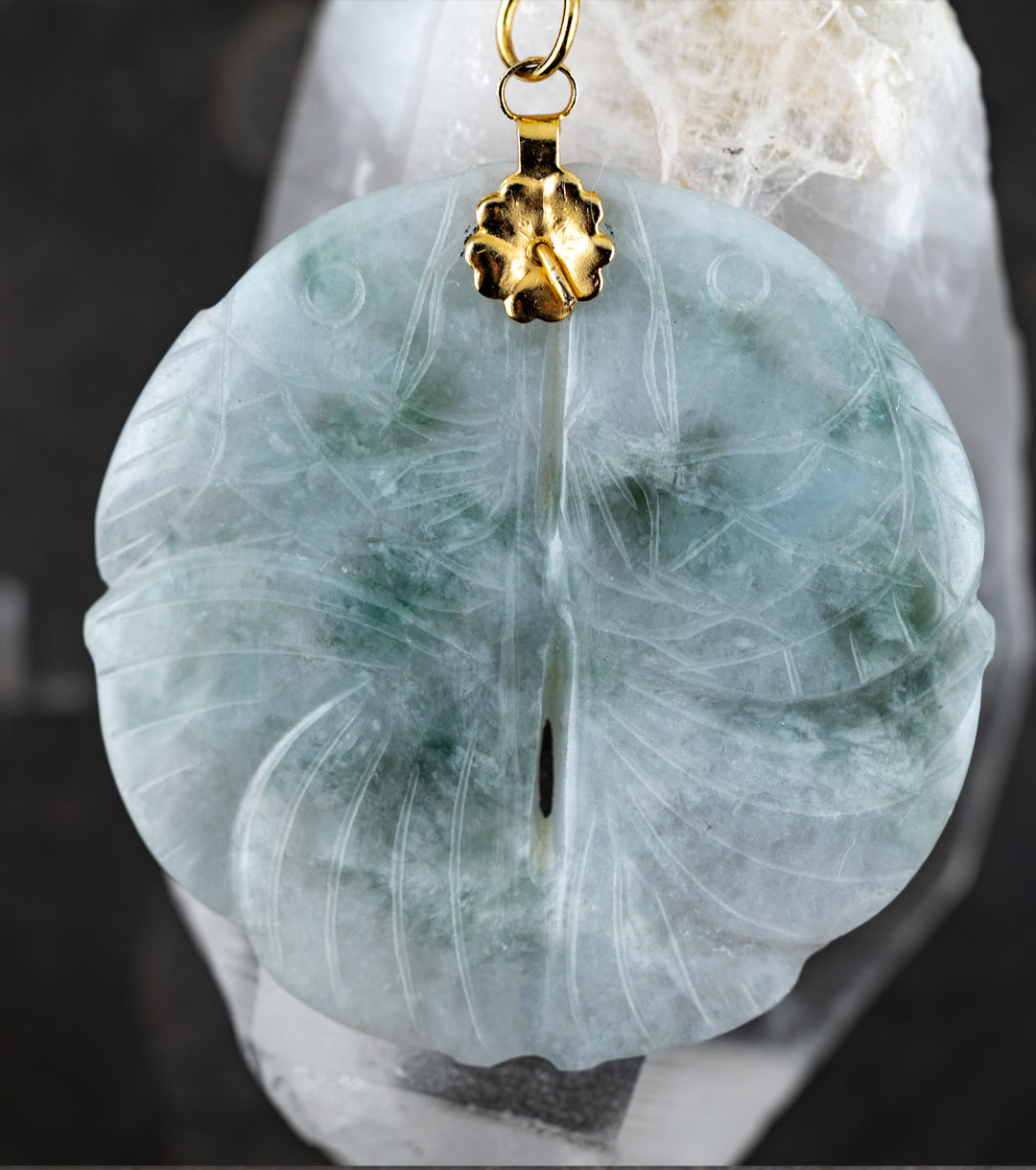 Carved Jade Double Koi Good Luck Pendant Necklace
