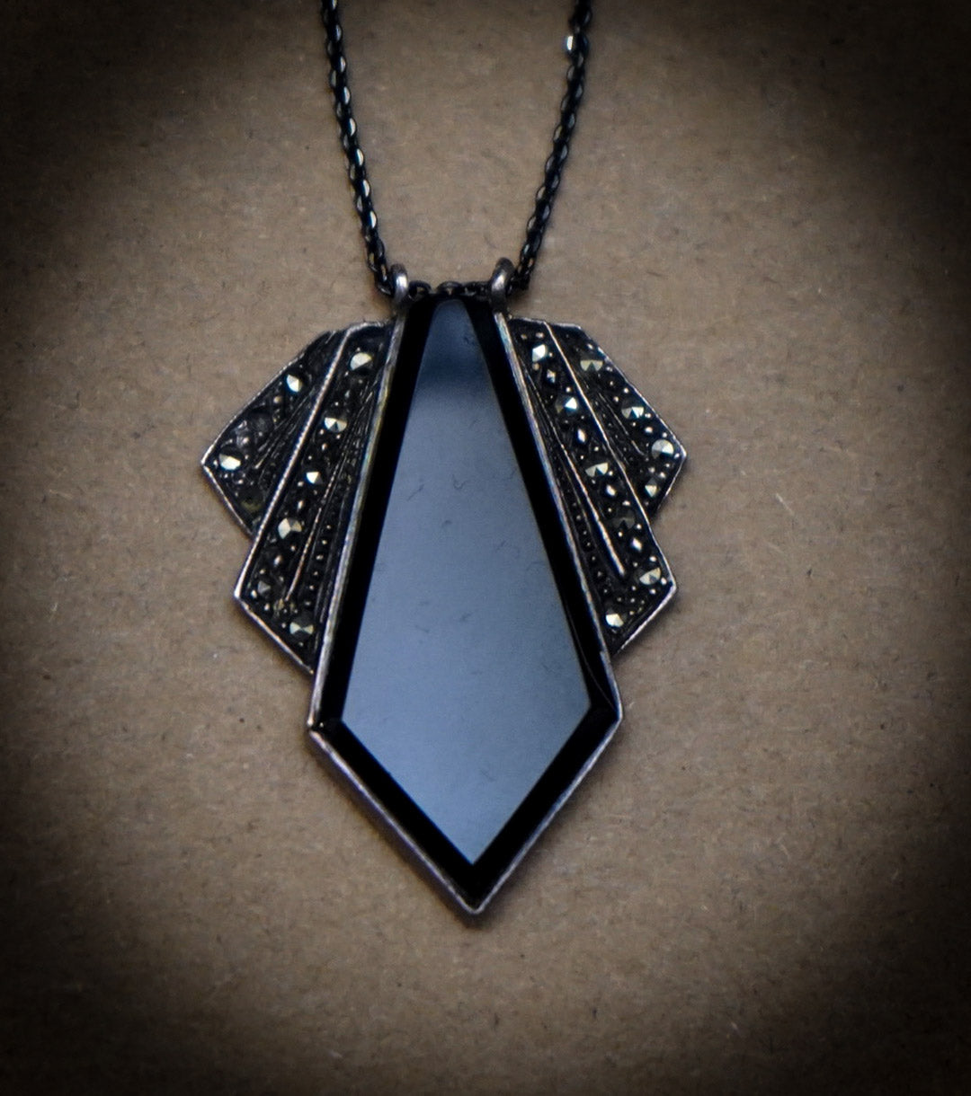 Onyx & Marcasite Sterling Silver Pendant with Blackened Sterling Silver Chain