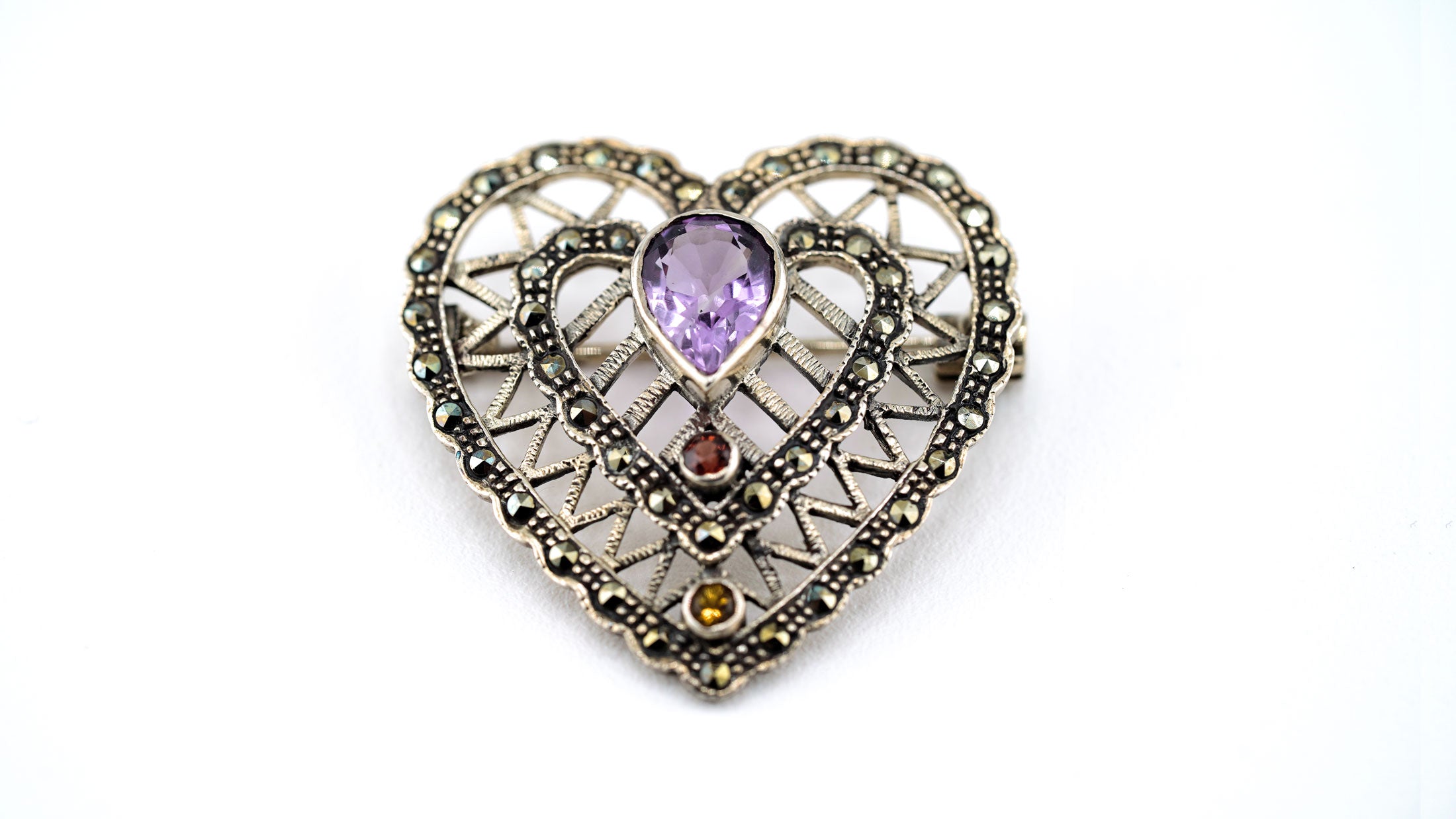 Vintage 925 Silver Multi-Gem Heart Brooch
