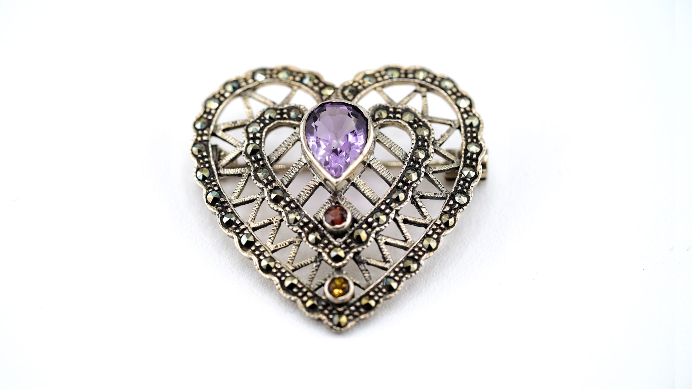 Double Heart Deco Brooch - 925 Silver, Amethyst, Garnet, Citrine & Marcasite