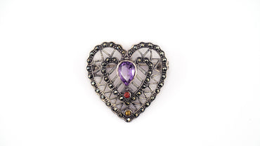 Double Heart Deco Brooch - 925 Silver, Amethyst, Garnet, Citrine & Marcasite