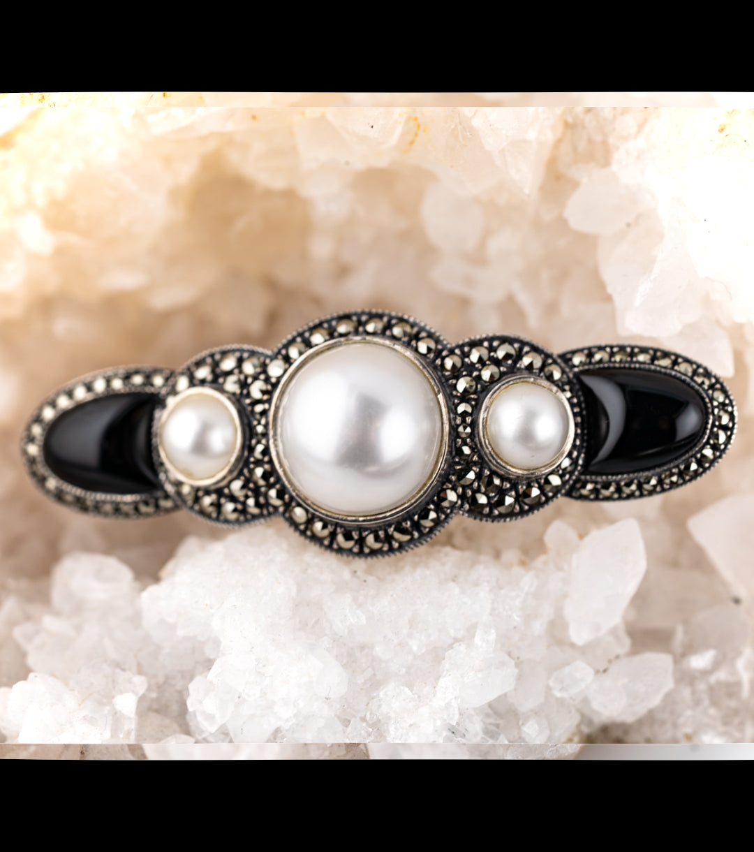 80s Judith Jack 925 Silver, Onyx & Faux Pearl Brooch
