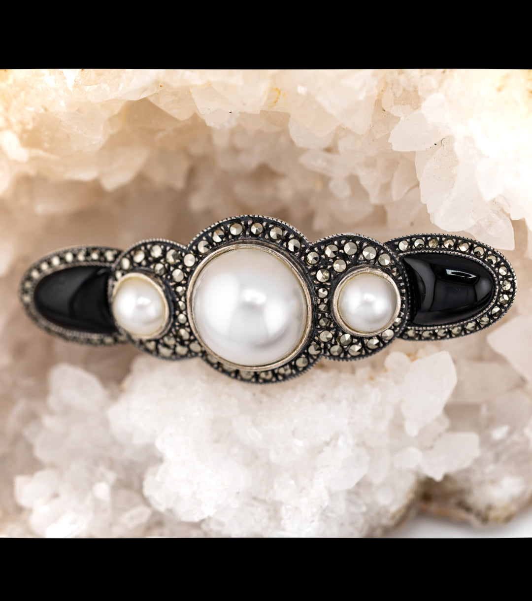 80s Judith Jack 925 Silver, Onyx & Faux Pearl Brooch