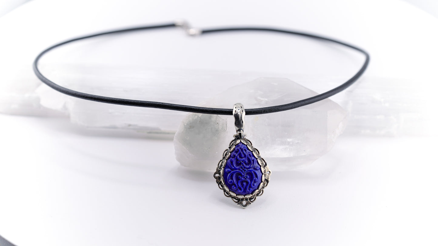 Carolyn Pollack Carved 925 Silver & Lapis Lazuli, Leather Necklace