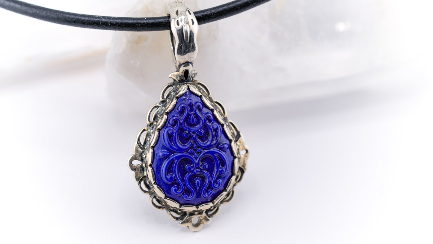 Carolyn Pollack Carved 925 Silver & Lapis Lazuli, Leather Necklace