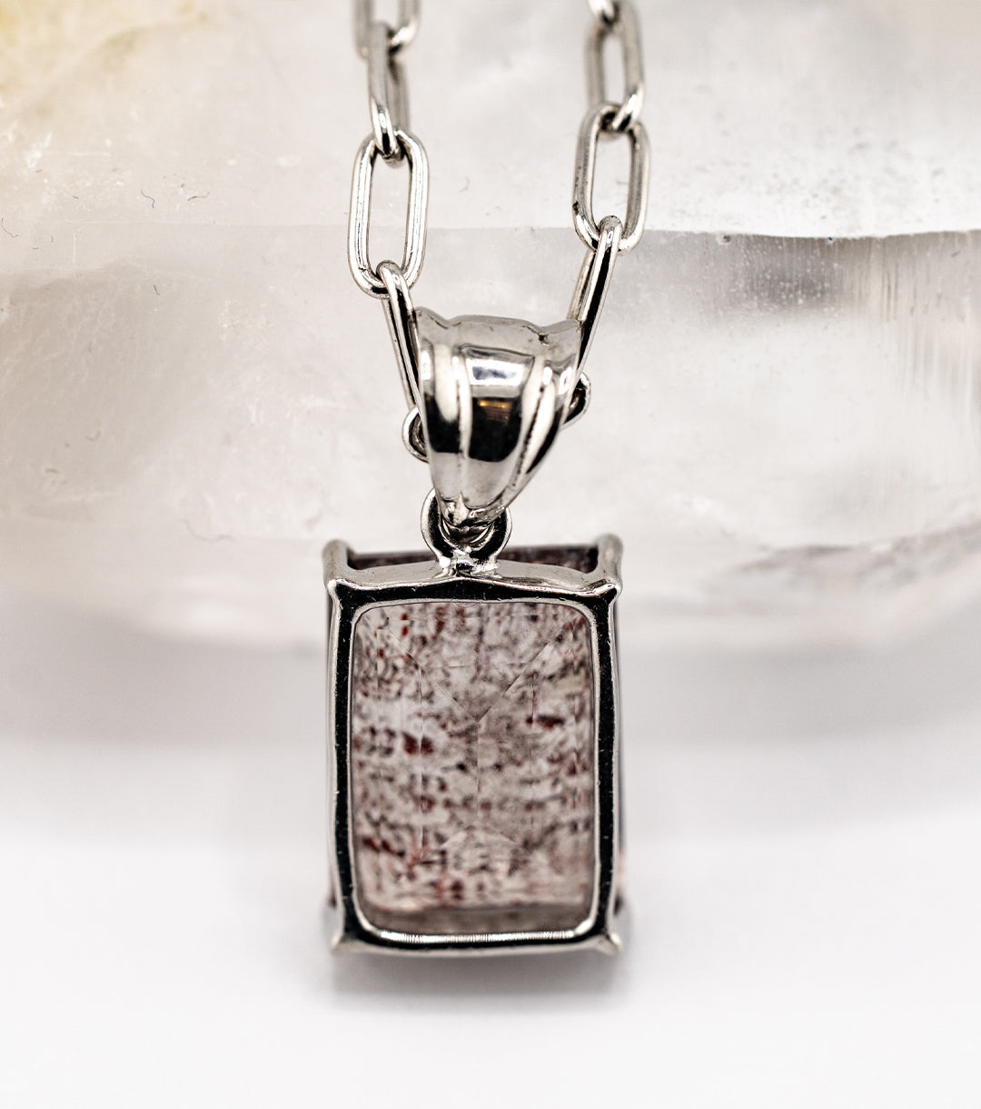 "Macbeth" Elestial Quartz, 925 Silver and Leather Necklace - Emerald Cut