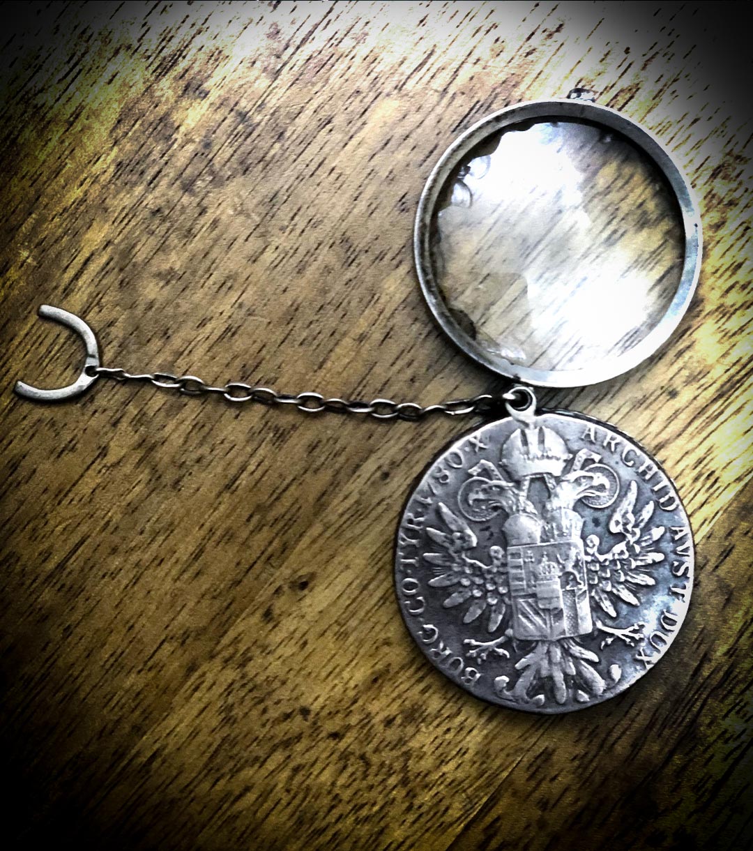 Silver 1780 Empress Maria Theresa of Austria Thaler Watch Fob with Pocket Magnifying Glass