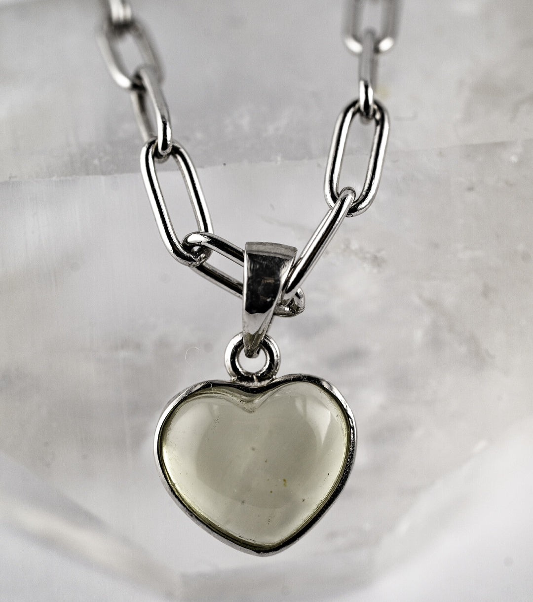 Meteorite Glass "Heart Of Glass" 925 Silver Paperclip Necklace