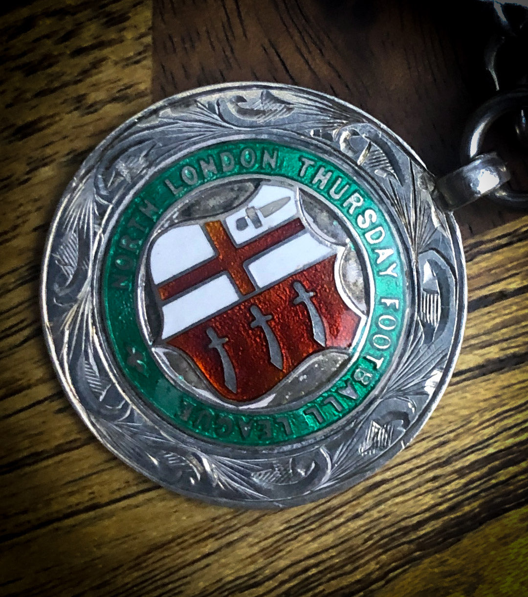 Edwardian "North London Thursday Football League" Enamel & Silver Watch Fob w/ 925 Silver Chain
