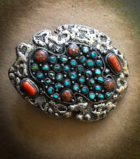 Navajo Belt Buckle in 925 Silver with Turquiose Cluster & Coral