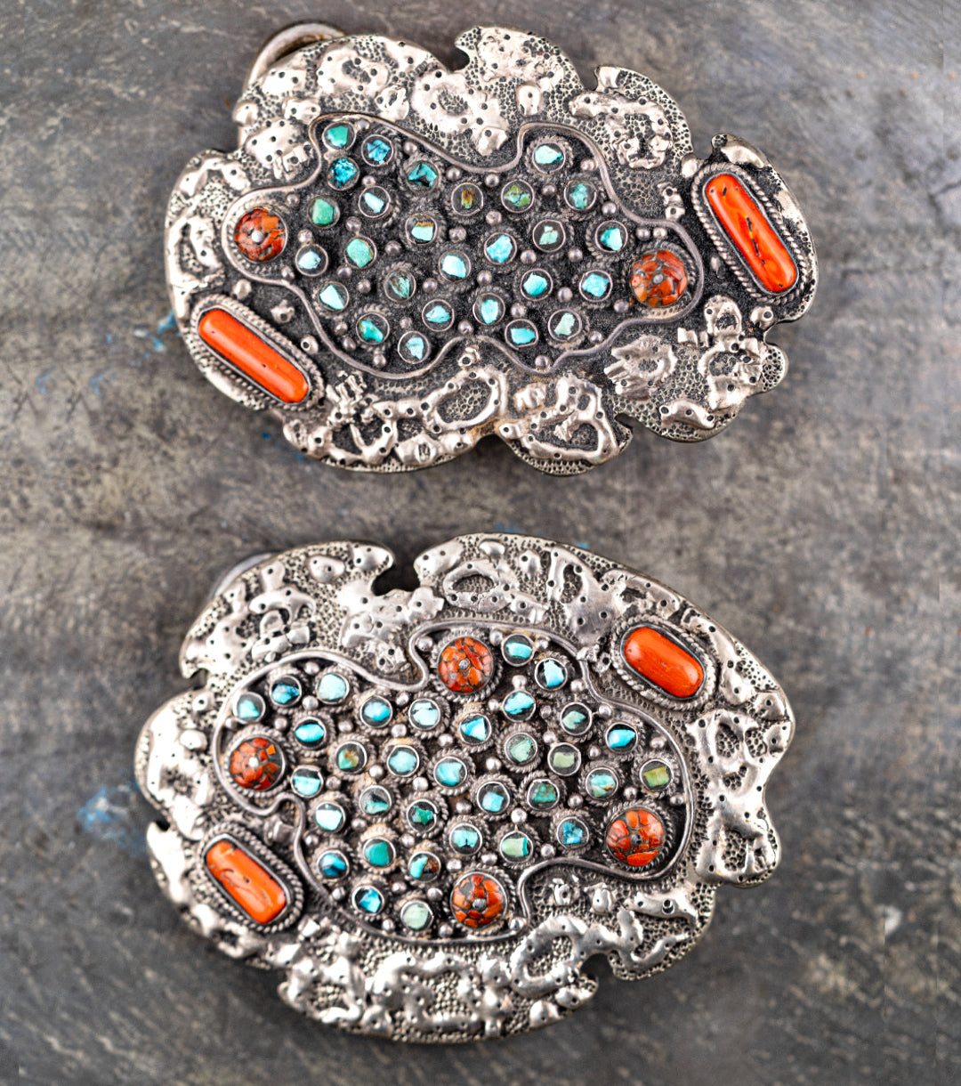 His & Hers Navajo Belt Buckle Set in 925 Silver, Turquoise & Coral