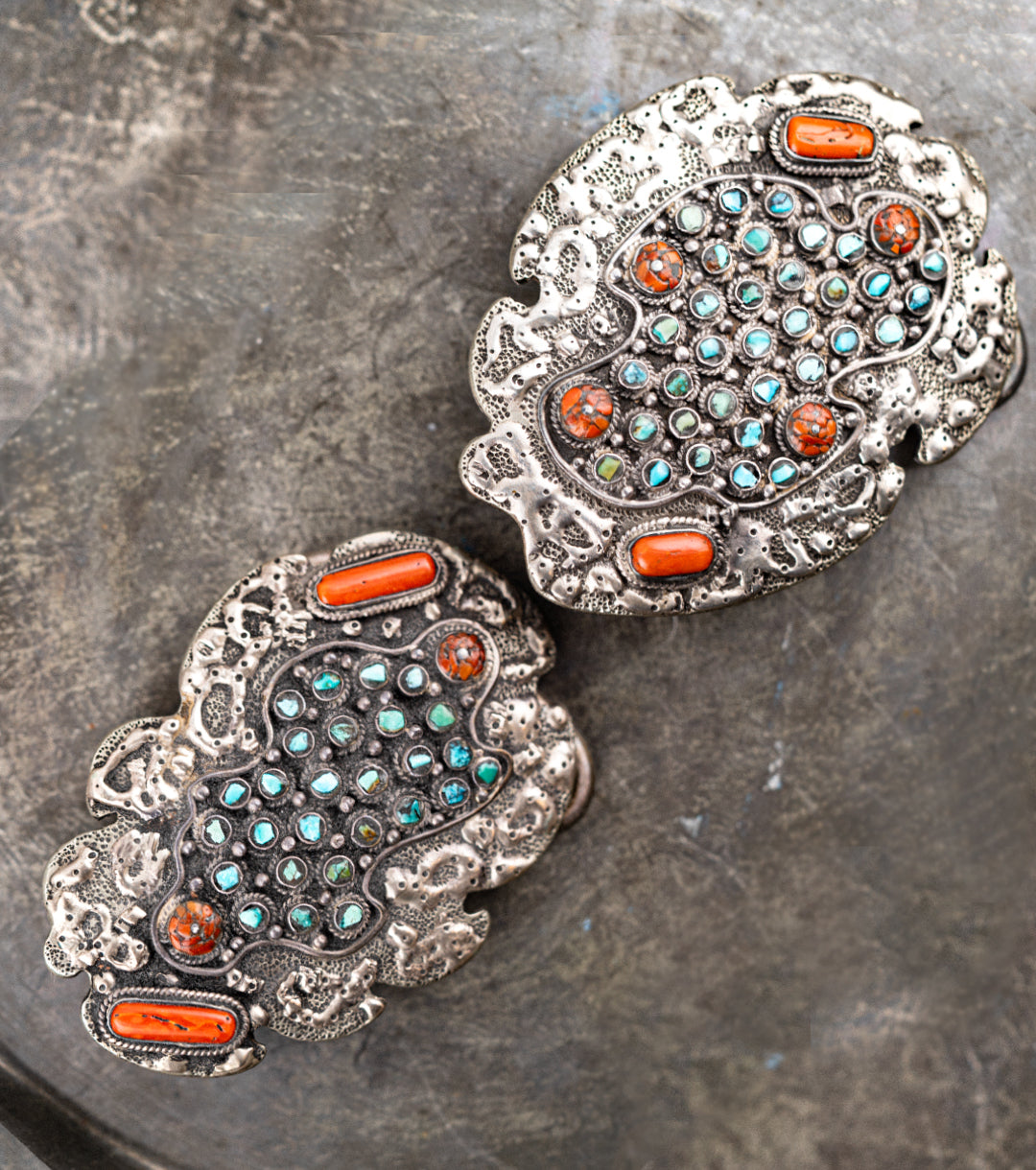 His & Hers Navajo Belt Buckle Set in 925 Silver, Turquoise & Coral