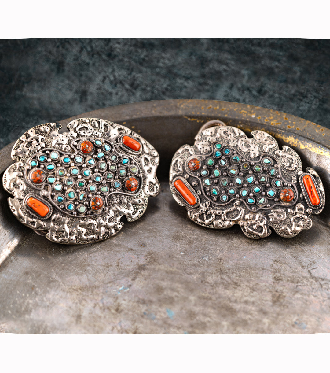 His & Hers Navajo Belt Buckle Set in 925 Silver, Turquoise & Coral
