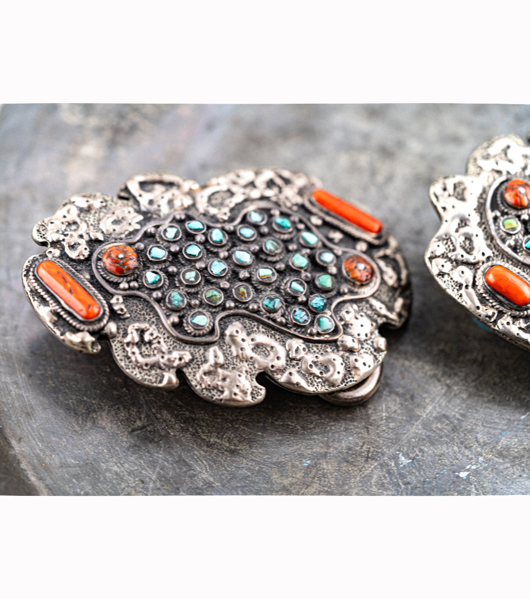His & Hers Navajo Belt Buckle Set in 925 Silver, Turquoise & Coral