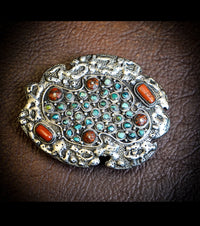 Navajo Belt Buckle in 925 Silver with Turquiose Cluster & Coral