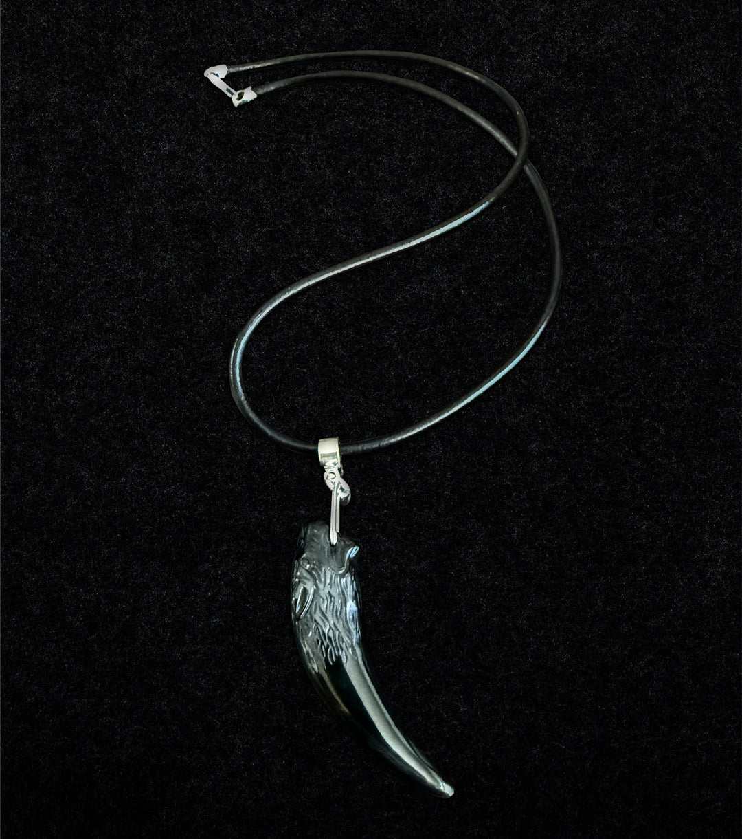 Wolf Fang Necklace in Rainbow Obsidian, 925 Silver & Black Leather