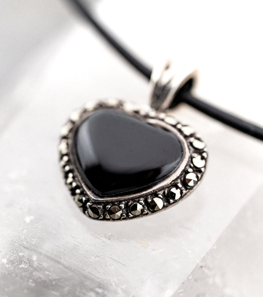 Onyx, Marcasite & 925 Silver Black Heart & Black Leather necklace