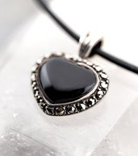 Onyx, Marcasite & 925 Silver Black Heart & Black Leather necklace